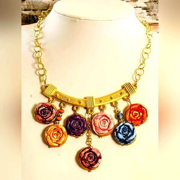 Flowers Jewelry - Kisses From Dried Roses In Handpainted Clay Cottagecore Gold Plated Necklace